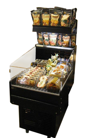 Refrigerated high back mobile merchandiser with extra dry shelf
