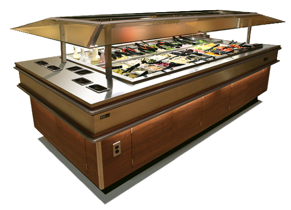 Island salad bar with wood finish and stainless steel top